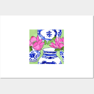 Lotus and chinoiserie jars on lime green Posters and Art